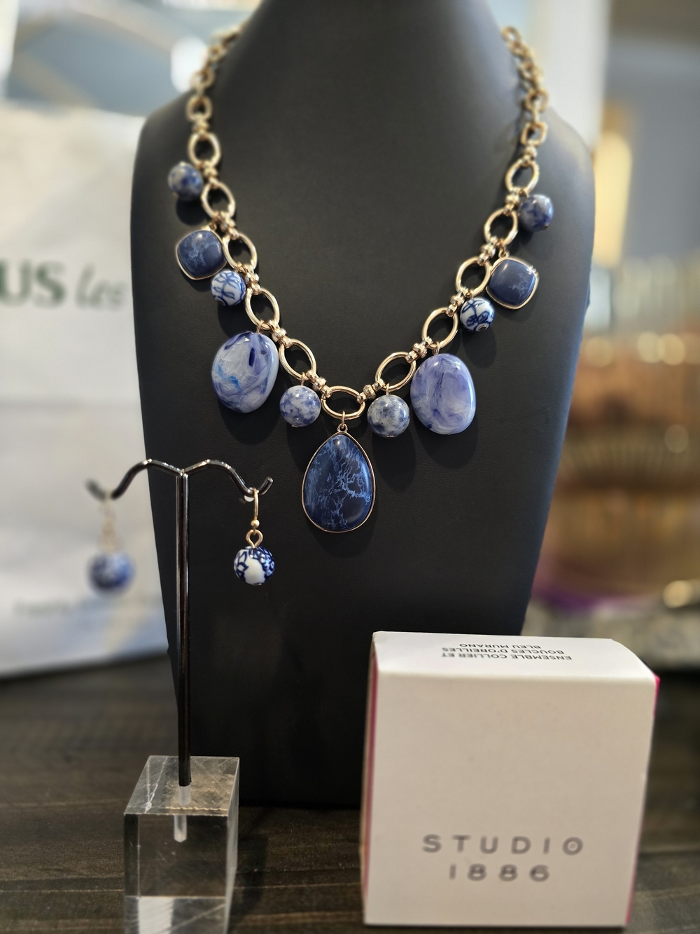 Avon Studio 1886 Blue Stone & Porcelain Bead Statement Necklace & Earring Set